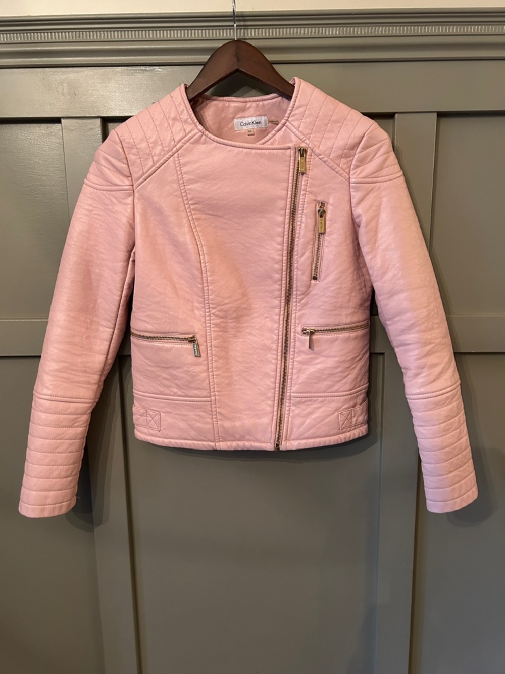 Calvin Klein Faux Leather Quilted Moto Jacket Pink Size XS